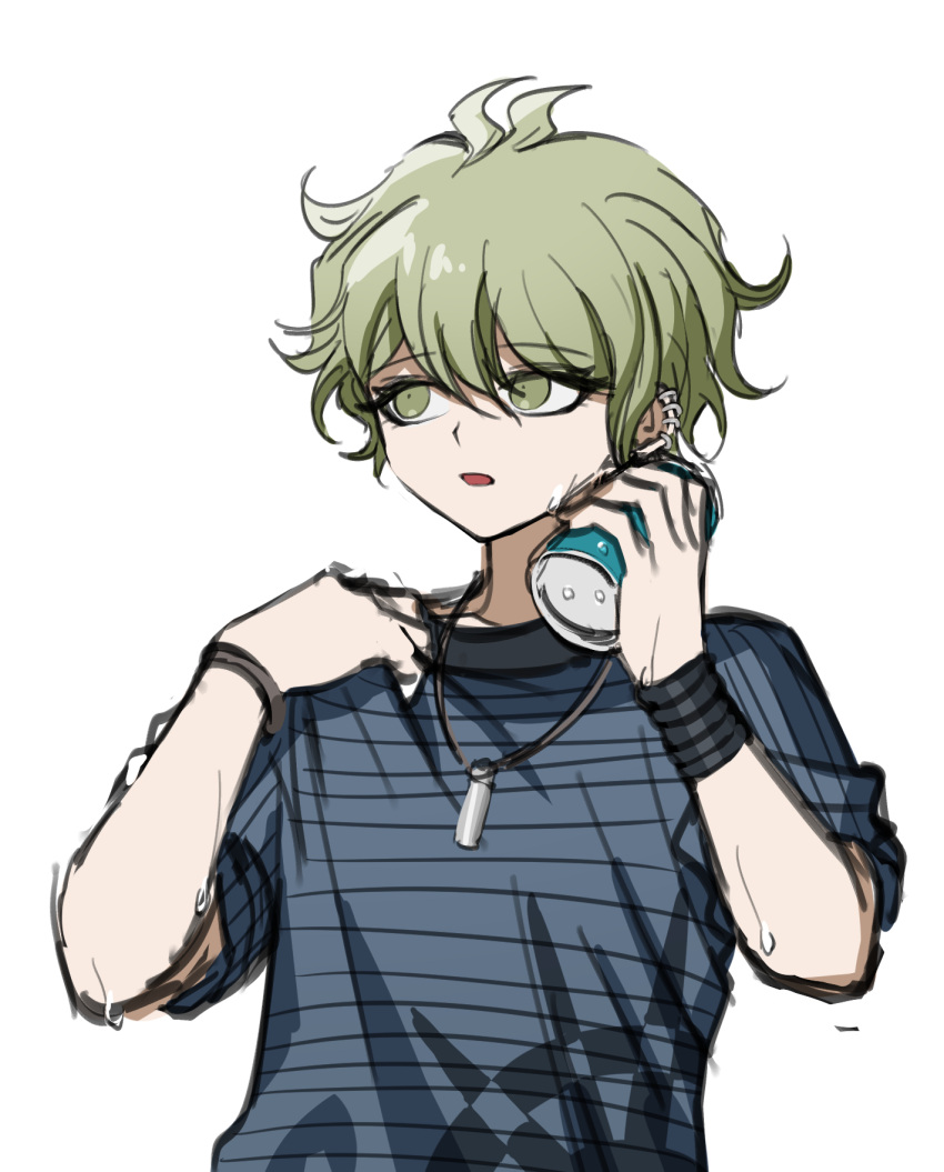 1boy amami_rantarou bangs dangan_ronpa_(series) dangan_ronpa_v3:_killing_harmony eyebrows_visible_through_hair green_eyes green_hair highres jewelry male_focus messy_hair necklace no_(xpxz7347) open_mouth shirt short_hair simple_background solo striped striped_shirt upper_body white_background