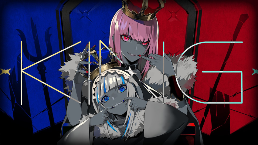 2girls artist_request barbed_wire blue_eyes blue_nails bracer crown finger_to_mouth fur_collar gawr_gura highres hololive hololive_english king_(vocaloid) lipstick makeup mori_calliope multiple_girls pink_eyes pink_hair red_nails sharp_teeth teeth throne virtual_youtuber white_hair