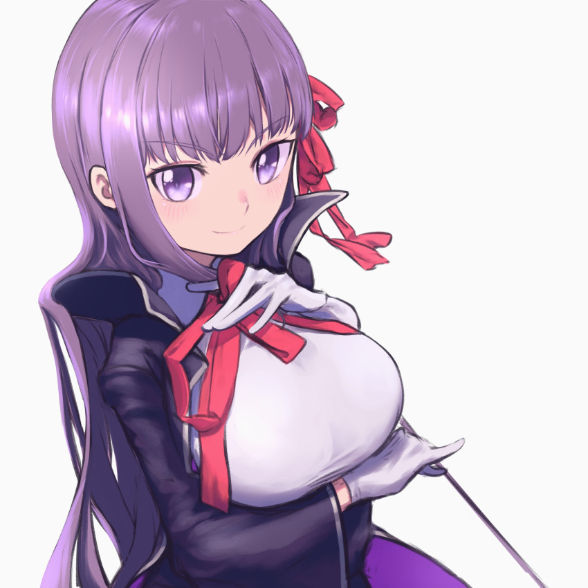 1girl absurdres bangs bb_(fate) bb_(fate/extra) black_coat blush breasts coat daisi_gi fate/extra fate/extra_ccc fate_(series) gloves hair_ribbon high-waist_skirt highres large_breasts leotard long_hair long_sleeves looking_at_viewer neck_ribbon open_clothes open_coat popped_collar purple_hair red_ribbon ribbon skirt smile solo very_long_hair violet_eyes wand white_gloves white_leotard wide_sleeves