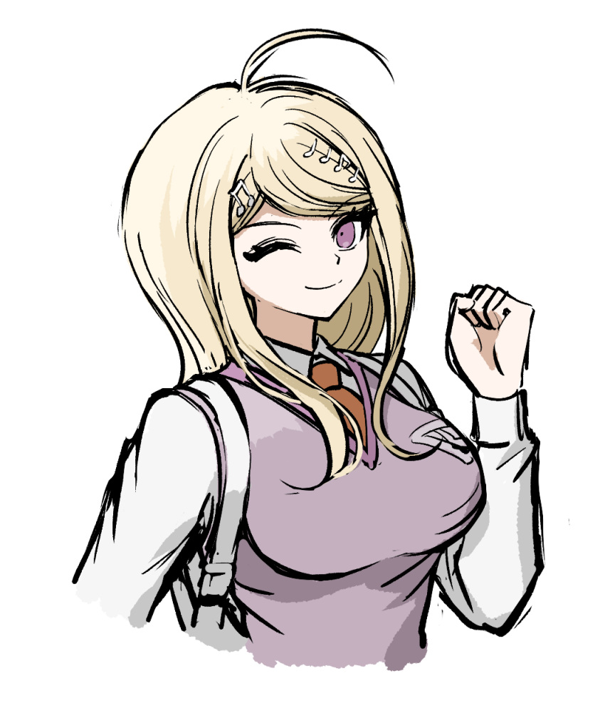 1girl ;) ahoge akamatsu_kaede beamed_eighth_notes blonde_hair breasts dangan_ronpa_(series) dangan_ronpa_v3:_killing_harmony eighth_note hair_ornament highres long_hair long_sleeves looking_at_viewer musical_note musical_note_hair_ornament necktie no_(xpxz7347) one_eye_closed shirt simple_background smile solo sweater_vest upper_body violet_eyes white_background white_shirt