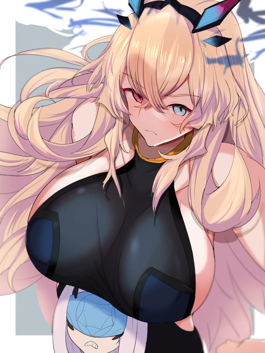 2girls absurdres bangs bare_shoulders black_dress blonde_hair blue_eyes breasts chibi clenched_teeth dress fairy_knight_gawain_(fate) fairy_knight_lancelot_(fate) fate/grand_order fate_(series) heterochromia highres horns kawa_mura large_breasts long_hair looking_at_viewer mask multiple_girls red_eyes sideboob teeth white_hair