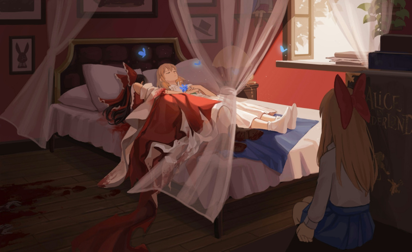 3girls alice_margatroid bed bedroom blonde_hair blood blood_on_clothes blue_eyes bow brown_eyes brown_footwear brown_hair bug butterfly death detached_sleeves dress flower frilled_bow frills gohei hair_bow hakurei_reimu indoors long_hair multiple_girls nightgown red_bow ribbon-trimmed_sleeves ribbon_trim shanghai_doll short_hair skirt skirt_set sleeping slms touhou white_dress window yellow_neckwear