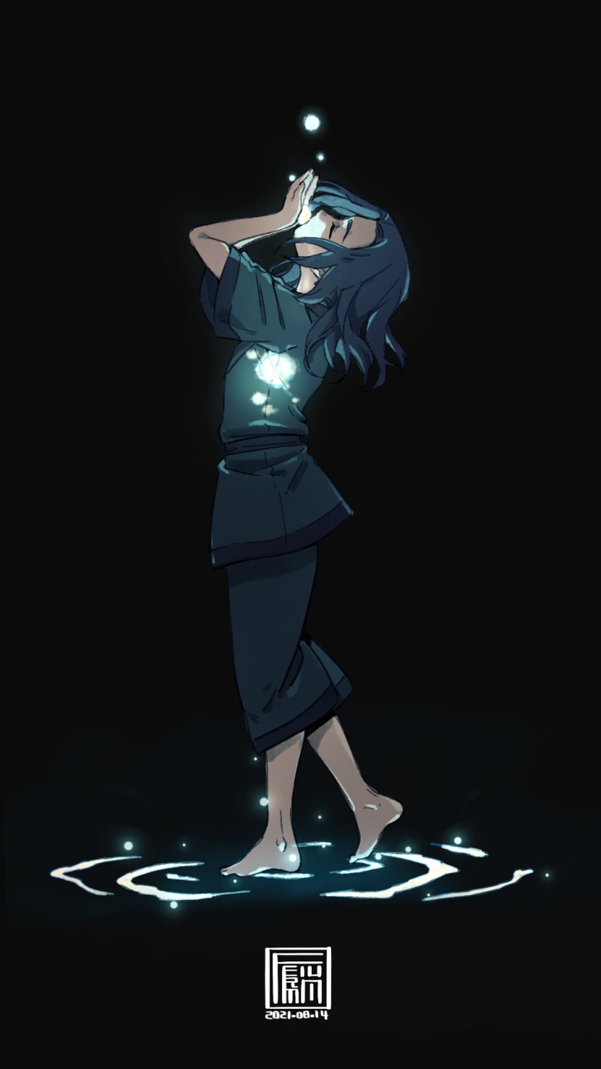 1boy arms_up barefoot black_background black_hair black_pants black_shirt commentary_request dated fermium.ice from_side full_body highres long_hair male_focus pants profile ripples shirt short_sleeves simple_background solo standing the_legend_of_luo_xiaohei wuxian_(the_legend_of_luoxiaohei)