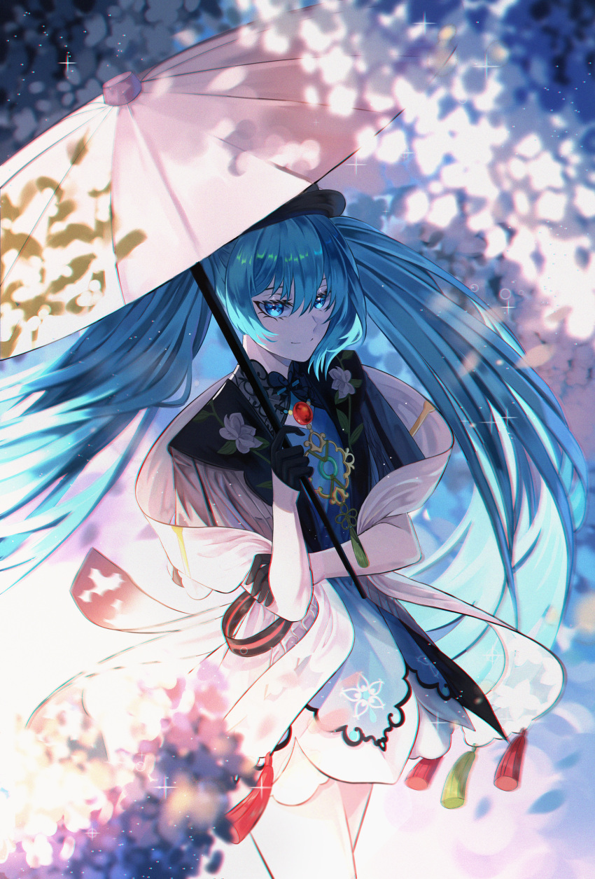 1girl absurdres black_gloves black_headwear blue_dress blue_eyes blue_hair blurry blurry_background closed_mouth dress floating_hair gloves hair_between_eyes half_gloves hatsune_miku highres holding holding_umbrella long_hair miku_with_you_(vocaloid) shiny shiny_hair short_dress smile solo sparkle standing theazureciel twintails umbrella very_long_hair vocaloid white_umbrella