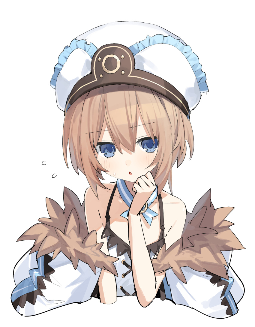 1girl absurdres bare_shoulders blanc blue_eyes brown_hair buran_buta coat dress flat_chest hair_between_eyes hat highres looking_at_viewer neptune_(series) short_hair simple_background solo white_background white_dress