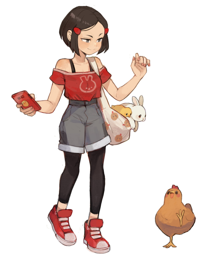 1girl absurdres animal bag bird black_hair black_legwear chicken copyright_request grey_shorts hair_ornament hands_up highres holding holding_phone legwear_under_shorts off-shoulder_shirt off_shoulder phone rabbit red_footwear red_shirt shirt shirt_tucked_in shoes short_hair short_sleeves shorts shoulder_bag simple_background smile solo sui_(suizilla) white_background