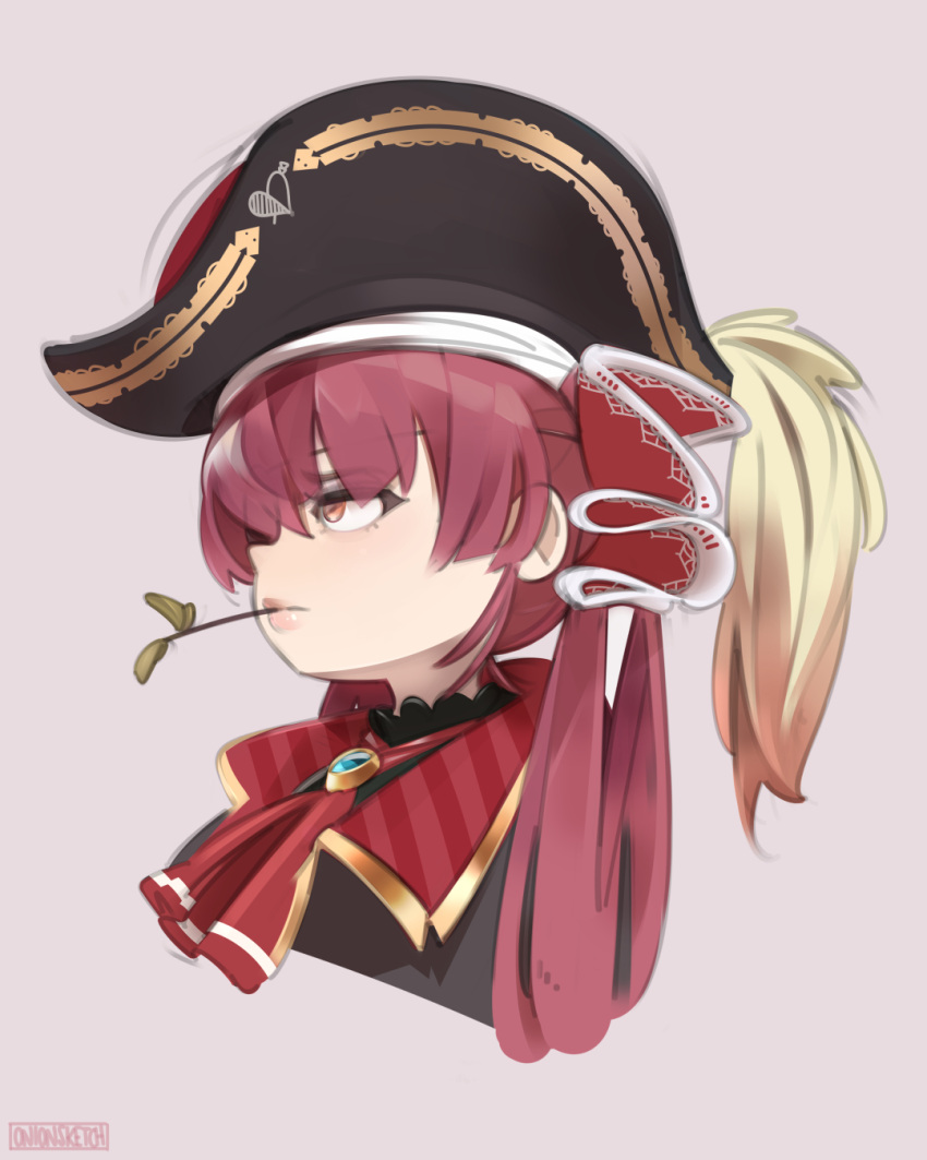 1girl artist_name ascot bangs brown_background brown_eyes cropped_torso eyebrows_behind_hair hair_behind_ear hat highres hololive houshou_marine mouth_hold onionsketch pirate_hat portrait red_neckwear redhead solo stalk_in_mouth twintails virtual_youtuber