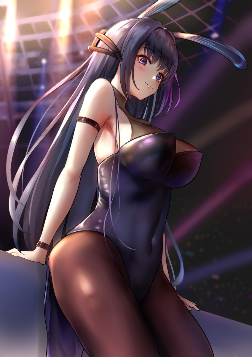 1girl absurdres animal_ears arm_strap azur_lane bare_shoulders black_leotard bodystocking breasts carlshaowei covered_navel fake_animal_ears from_below highres large_breasts leotard long_hair looking_at_viewer looking_down new_jersey_(azur_lane) new_jersey_(exhilarating_steps!)_(azur_lane) official_alternate_costume oversized_breast_cup playboy_bunny purple_hair purple_leotard rabbit_ears skin_tight solo stage_lights strapless strapless_leotard violet_eyes