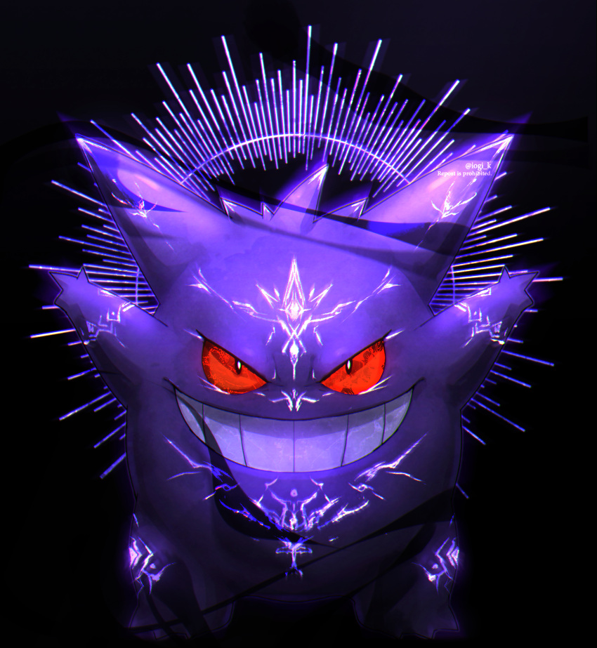 body_markings commentary full_body gen_1_pokemon gengar glowing_markings grin highres iogi_(iogi_k) no_humans outstretched_arms pokemon pokemon_(creature) red_eyes smile solo teeth