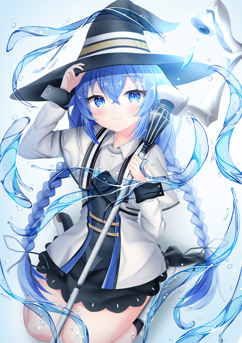 1girl absurdres adjusting_clothes adjusting_headwear black_dress black_headwear blue_background blue_eyes blue_hair boots braid capelet closed_mouth collared_shirt dress gradient gradient_background hair_between_eyes hat highres holding holding_staff huge_filesize jacket long_hair long_sleeves mushoku_tensei roxy_migurdia seiza shirt sitting smile solo staff twin_braids twintails user_safm5477 very_long_hair water white_background white_capelet white_footwear white_jacket white_shirt witch_hat