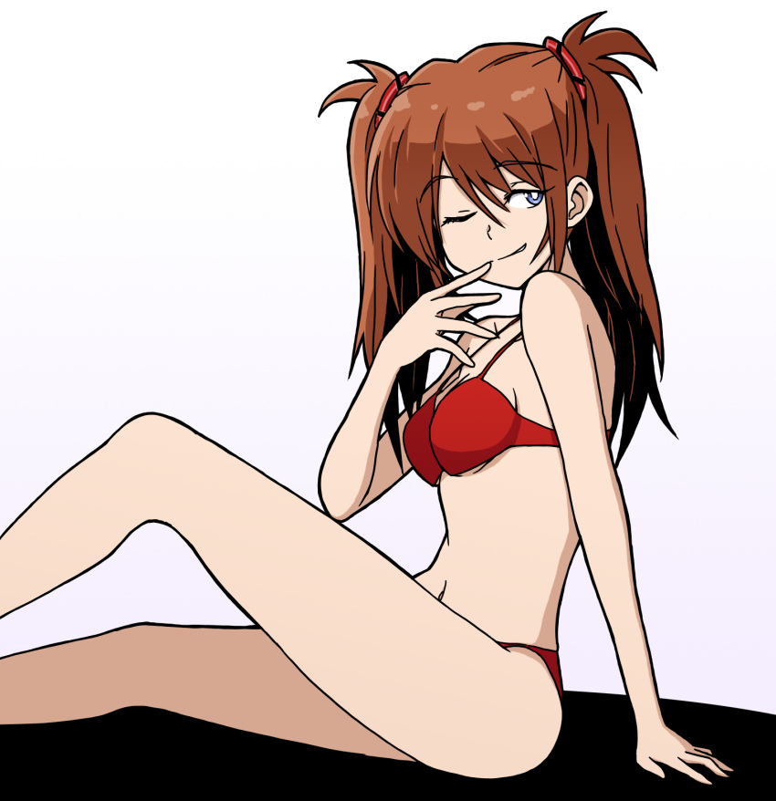 1girl bikini blue_eyes breasts brown_hair commentary eyebrows_visible_through_hair grin hand_on_ground hand_on_own_face highres leg_up long_hair naughty_face navel neon_genesis_evangelion one_eye_closed red_bikini red_headwear sasihmi seductive_smile sideboob smile souryuu_asuka_langley swimsuit tagme under_boob