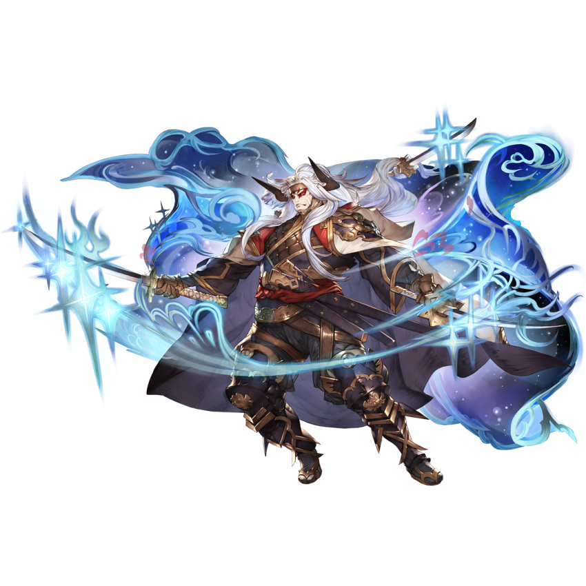 1boy armor cape closed_mouth draph eahta_(granblue_fantasy) facepaint full_body gloves granblue_fantasy greaves headband holding holding_sword holding_weapon horns katana long_hair long_sleeves looking_at_viewer makeup male_focus official_art prehensile_hair sandals sheath solo sparkle sword transparent_background very_long_hair weapon white_hair