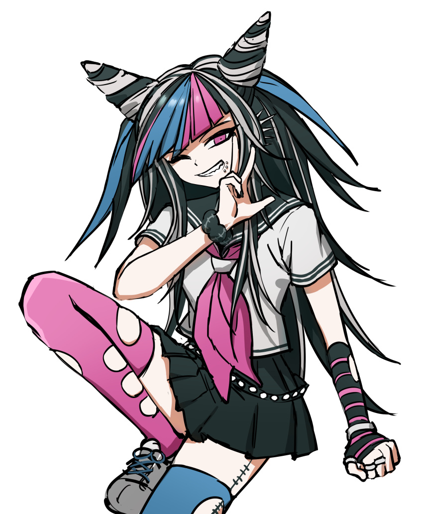 1girl absurdres asymmetrical_legwear bangs black_hair blue_hair dangan_ronpa_(series) dangan_ronpa_2:_goodbye_despair ear_piercing hair_horns highres jewelry long_hair looking_at_viewer mioda_ibuki mismatched_legwear multicolored_hair necklace no_(xpxz7347) piercing pink_eyes pink_hair scar school_uniform serafuku skirt smile solo stitches thigh-highs torn_clothes torn_legwear white_hair