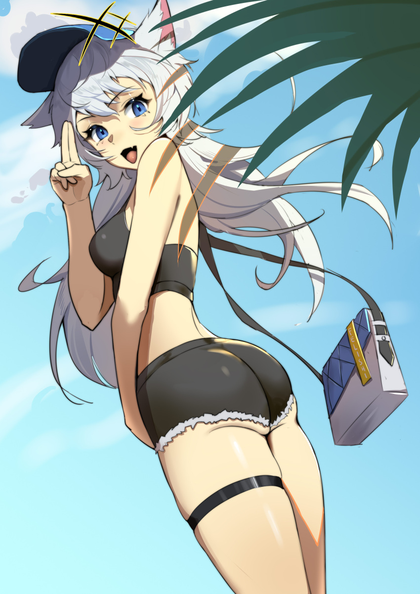 1girl absurdres animal_ears ass bag bare_shoulders baseball_cap black_shorts blue_eyes blue_sky cat_ears chinese_commentary clouds crop_top eyebrows_visible_through_hair fang hair_between_eyes handbag hat highres holding holding_bag long_hair looking_back open_mouth original short_shorts shorts simple_background sky solo standing thigh_strap thighs torn_clothes torn_shorts tree white_hair xuxuxu
