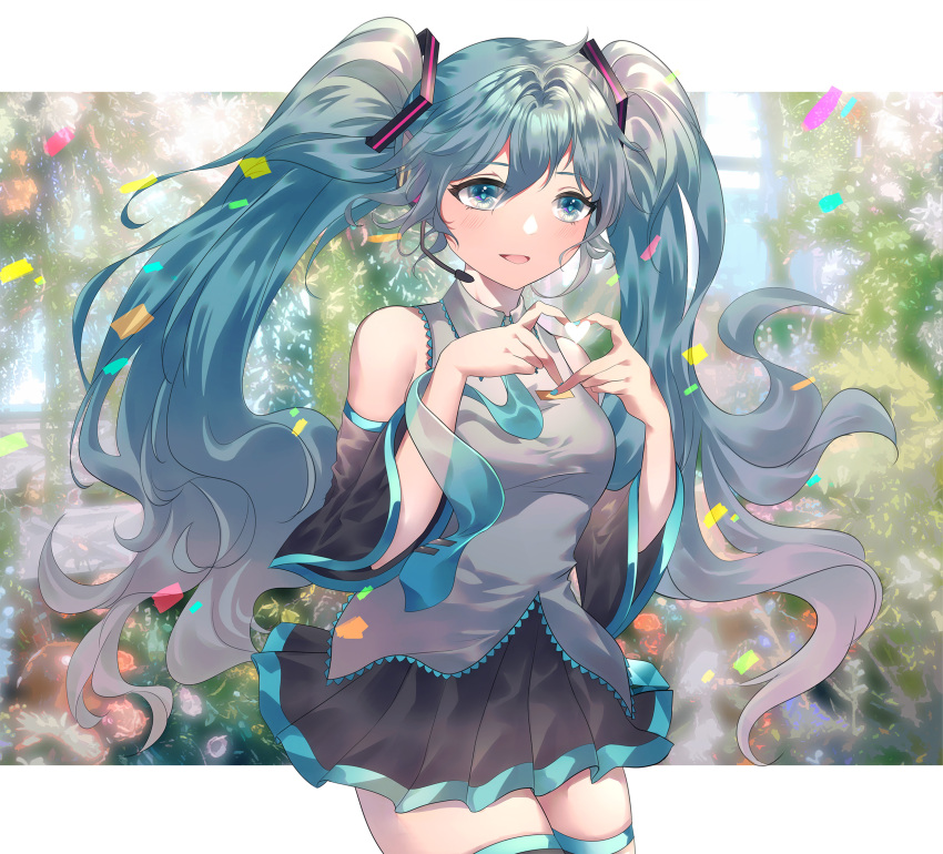 1girl :d bangs bare_shoulders black_legwear black_skirt black_sleeves blue_eyes blue_hair blue_nails blue_neckwear blush breasts collared_shirt commentary confetti cowboy_shot detached_sleeves eyebrows_visible_through_hair grey_shirt hair_between_eyes hands_up hatsune_miku headphones headset heart heart_hands highres long_hair long_sleeves nail_polish necktie open_mouth pleated_skirt rhea_(0u0) see-through shirt skindentation skirt sleeveless sleeveless_shirt small_breasts smile solo thigh-highs tie_clip twintails very_long_hair vocaloid wide_sleeves