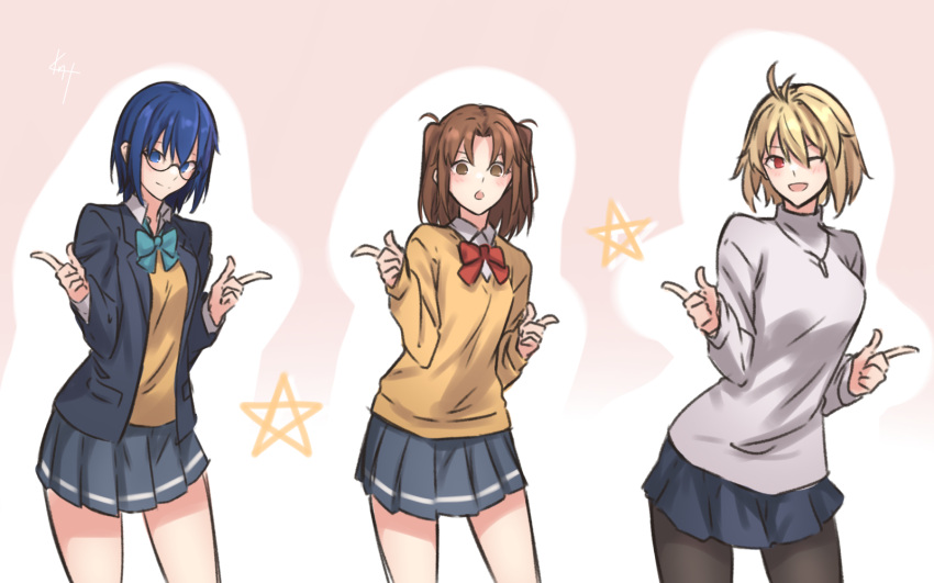 3girls ahoge arcueid_brunestud back_alley_alliance bangs black_legwear blonde_hair blue_eyes blue_hair blue_jacket blue_miniskirt blue_skirt blush bow bowtie breasts brown_eyes brown_hair ciel_(tsukihime) closed_mouth collared_shirt commentary_request eyebrows glasses green_bow green_neckwear hair_between_eyes highres index_finger_raised jacket jewelry knt02142769 long_hair long_sleeves looking_at_viewer medium_breasts miniskirt multiple_girls necklace one_eye_closed one_eye_open open_clothes open_jacket open_mouth pantyhose parted_bangs parted_lips pleated_skirt pocket red_bow red_eyes red_neckwear school_uniform shirt short_hair signature skirt smile sweater thighs tsukihime tsukihime_(remake) turtleneck turtleneck_sweater two_side_up type-moon vampire vest white_shirt white_sweater yellow_vest yumizuka_satsuki
