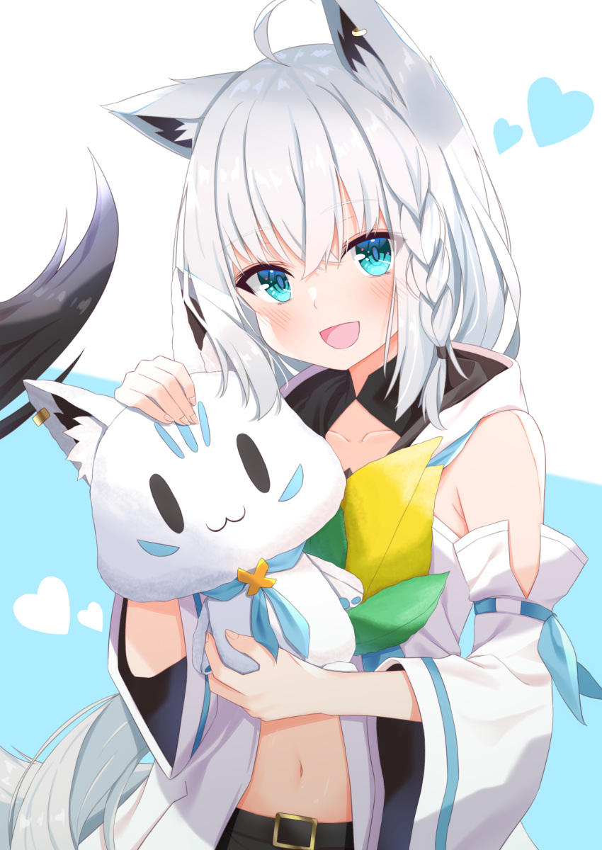 1girl :3 :d absurdres ahoge animal_ear_fluff animal_ears bangs blue_eyes blush braid collarbone commentary_request detached_sleeves divergenceok eyebrows_visible_through_hair fox_ears fox_girl fox_tail hair_between_eyes heart highres hololive hood hood_down long_hair long_sleeves looking_at_viewer midriff navel open_mouth shirakami_fubuki shirt simple_background single_braid smile solid_oval_eyes sukonbu_(shirakami_fubuki) tail tail_raised two-tone_background upper_body very_long_hair virtual_youtuber white_hair white_shirt wide_sleeves