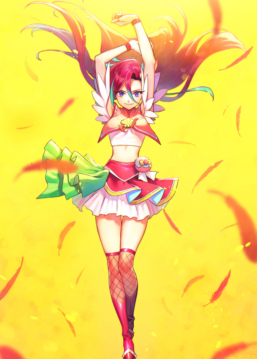 1girl arms_up boots brown_legwear crop_top cure_flamingo floating_hair grin hair_between_eyes highres knee_boots long_hair looking_at_viewer midriff miniskirt precure red_feathers red_footwear redhead shiny shiny_hair skirt smile solo standing stomach thigh-highs thigh_gap tropical-rouge!_precure very_long_hair violet_eyes white_skirt yellow_background yuzu_sato