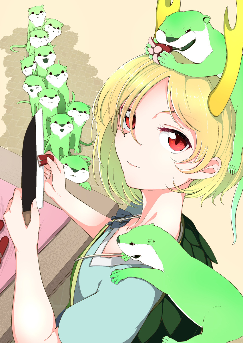 1girl absurdres animal_on_head animal_on_shoulder apron blonde_hair breasts dragon_horns eating food highres horns kaisenpurin kicchou_yachie knife looking_at_viewer on_head otter_spirit_(touhou) queue red_eyes sausage scales short_hair short_sleeves small_breasts smile touhou turtle_shell