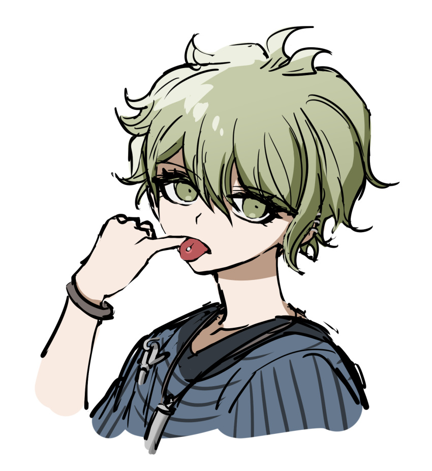 1boy :p amami_rantarou bangs dangan_ronpa_(series) dangan_ronpa_v3:_killing_harmony ear_piercing eyebrows_visible_through_hair green_eyes green_hair hair_between_eyes highres jewelry looking_at_viewer male_focus necklace no_(xpxz7347) open_mouth piercing shirt short_hair simple_background solo striped striped_shirt tongue tongue_out upper_body white_background