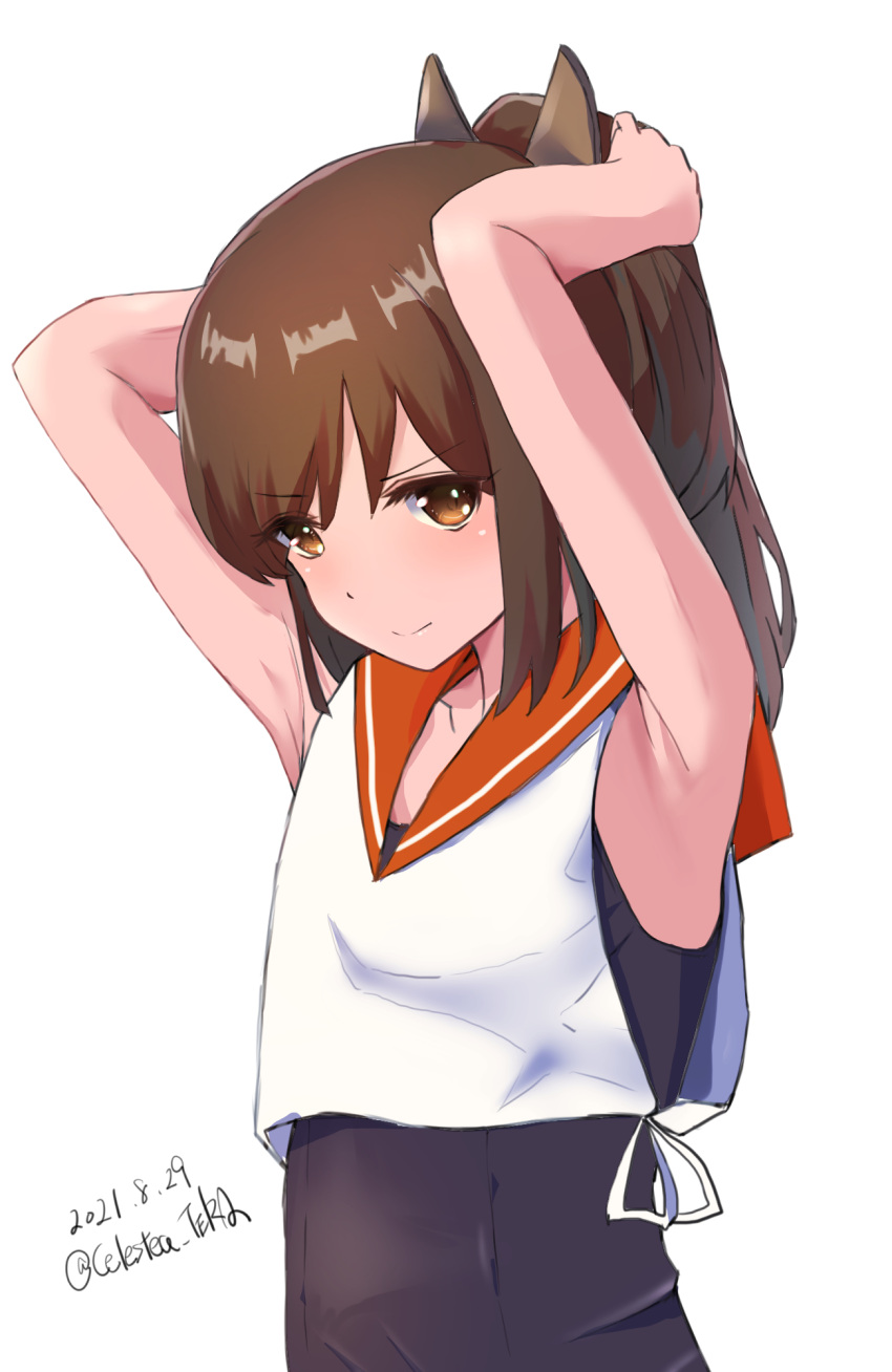 1girl black_swimsuit brown_eyes brown_hair celestea_tera dated flat_chest hair_ornament highres i-401_(kancolle) kantai_collection long_hair one-hour_drawing_challenge orange_sailor_collar ponytail sailor_collar school_swimsuit shirt side-tie_shirt sleeveless sleeveless_shirt solo swimsuit swimsuit_under_clothes twitter_username upper_body