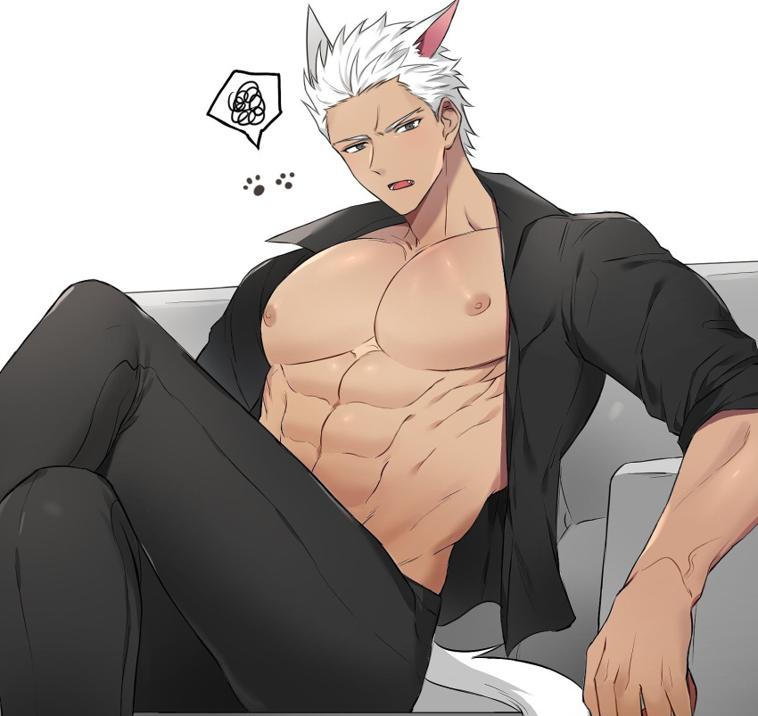 1boy abs alternate_pectoral_size animal_ears archer_(fate) bare_pectorals black_pants black_shirt brown_eyes casual cat_boy cat_ears cat_tail crossed_legs dark-skinned_male dark_skin fate/stay_night fate_(series) highres kemonomimi_mode large_pectorals looking_at_viewer male_focus manboobs muscular muscular_male nipples pants pectorals saseum_(puipuiseum) shirt short_hair sideburns solo stomach tail white_hair