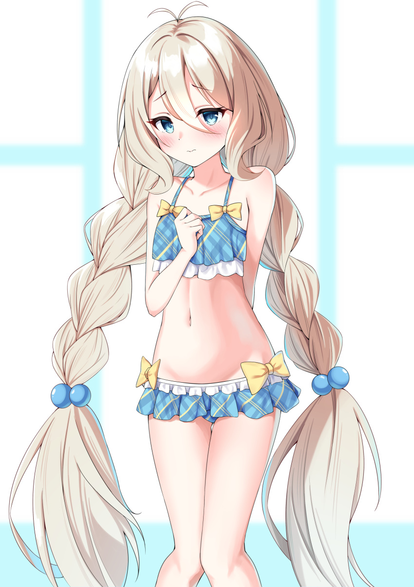 1girl ahoge arm_behind_back beads bikini bikini_skirt blonde_hair blue_eyes blush collarbone female hair_beads highres kokkoro_(princess_connect!) long_hair navel princess_connect! solo swimsuit syurimp twintails white_hair