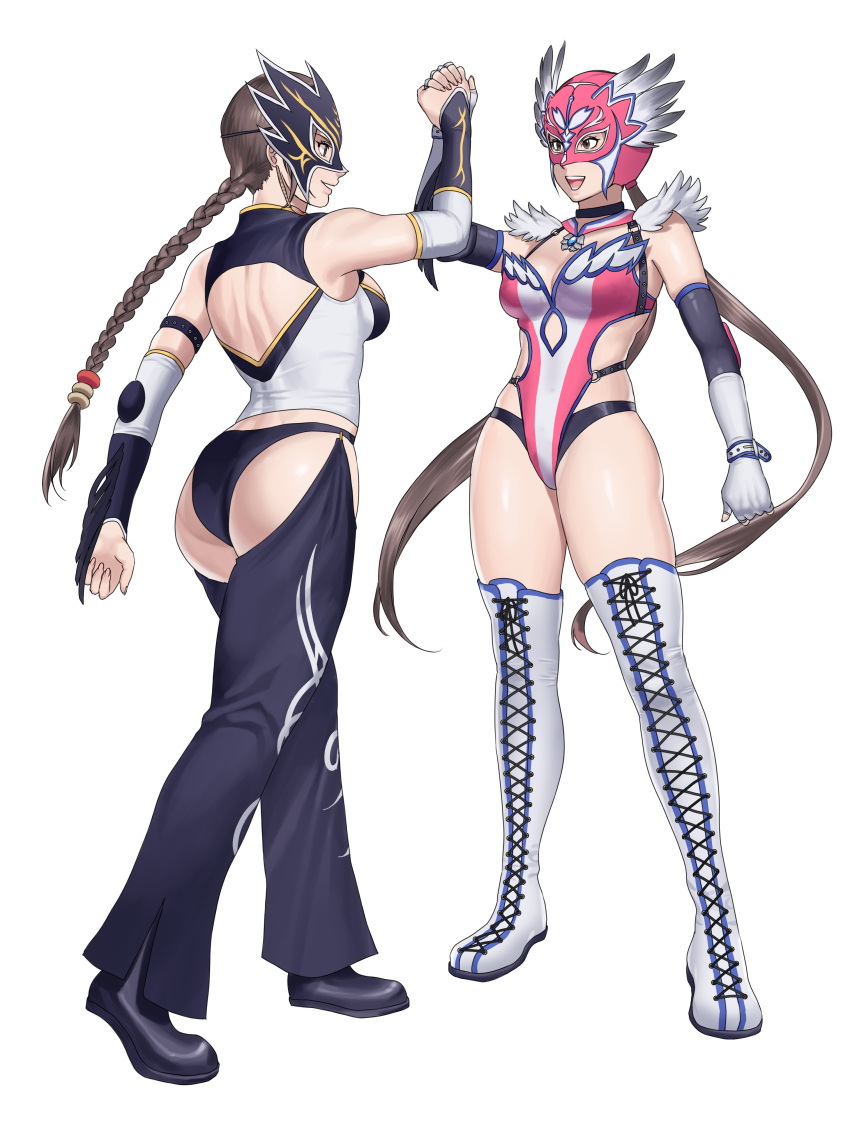 2girls absurdres alternate_costume ass back_cutout black_choker boots braid breasts brown_hair chaps choker clothing_cutout commission cross-laced_footwear detached_collar detached_sleeves elbow_pads english_commentary fingerless_gloves fingernails full_body gloves handshake hanny_(uirusu_chan) highres jaycee_(tekken) julia_chang lace-up_boots leotard long_braid low_twintails luchador luchador_mask medium_breasts michelle_chang mother_and_daughter multiple_girls namco no_bra open_mouth pink_leotard single_braid tekken tekken_2 tekken_3 tekken_4 tekken_5_(dark_resurrection) tekken_7 tekken_tag_tournament tekken_tag_tournament_2 thigh-highs thigh_boots twintails white_background white_footwear white_gloves wrestling_outfit