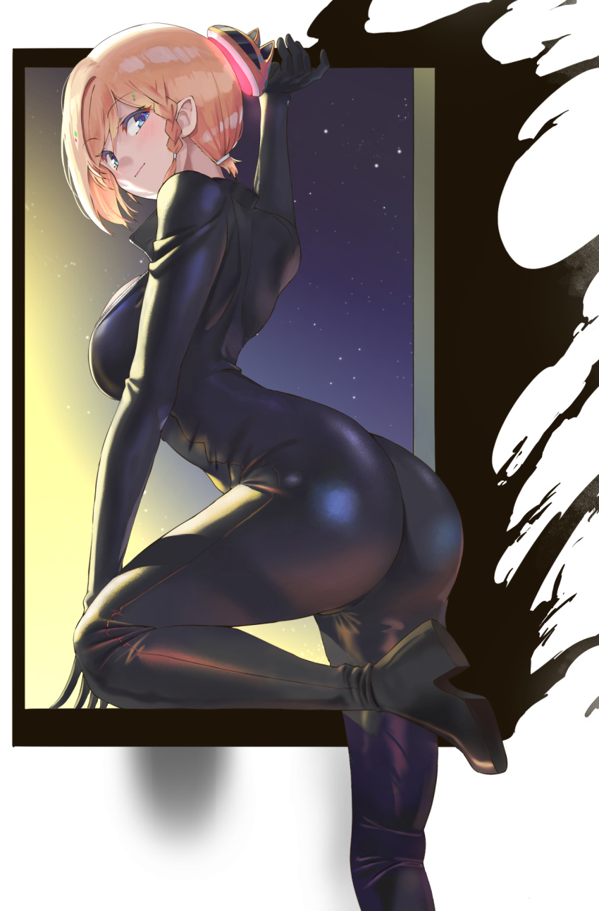 1girl aki_rosenthal ass black_bodysuit black_footwear blonde_hair blue_eyes bodysuit braid breasts closed_mouth commentary_request commission highres hololive looking_at_viewer medium_breasts short_hair single_braid skin_tight smile solo twin_(tt_lsh) virtual_youtuber