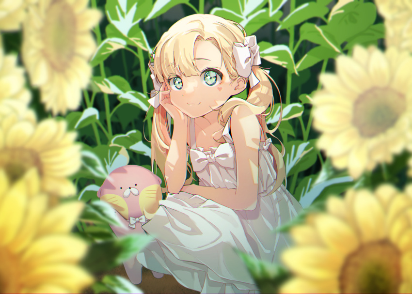1girl agnamore bangs bare_arms bare_shoulders blonde_hair blurry blurry_foreground bow closed_mouth day depth_of_field dress eyebrows_visible_through_hair field flower flower_field green_eyes hair_bow hand_up highres long_hair looking_at_viewer original outdoors sleeveless sleeveless_dress smile solo squatting sunflower twintails very_long_hair white_bow white_dress yellow_flower