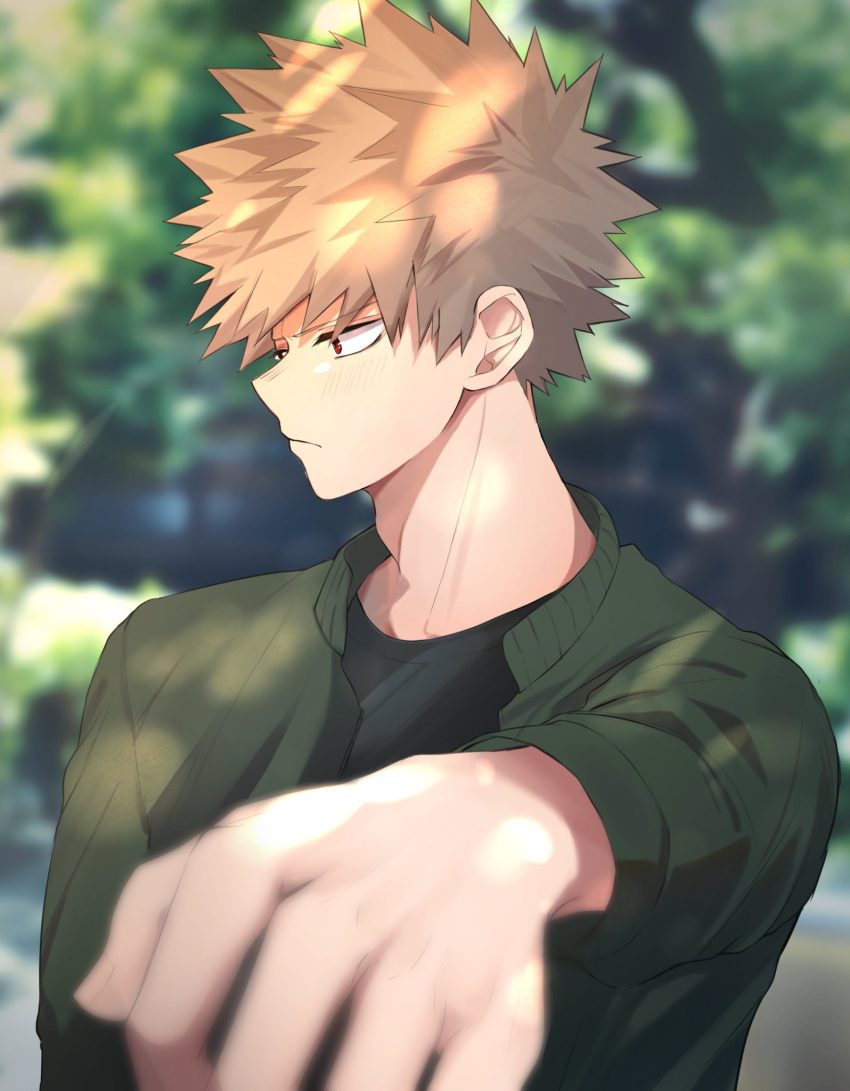 1boy bakugou_katsuki bangs black_shirt blonde_hair blurry blurry_background blurry_foreground blush boku_no_hero_academia closed_mouth depth_of_field foreshortening green_jacket highres jacket looking_to_the_side male_focus noizu_(noi_hr) outstretched_arm shiny shiny_hair shirt short_hair solo spiky_hair