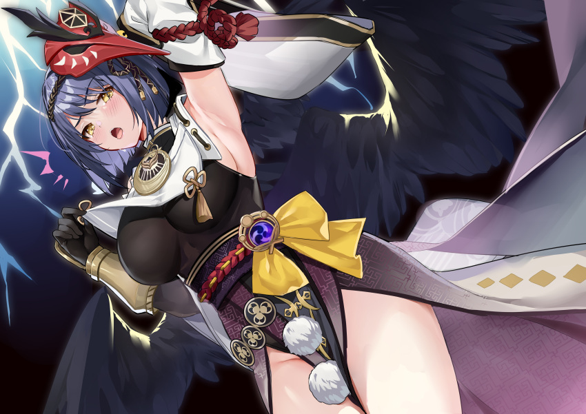 1girl :o absurdres arm_up armpits black_hair bodysuit breasts capelet cowboy_shot detached_sleeves dutch_angle feathered_wings genshin_impact hand_up highres kikimi kujou_sara large_breasts lightning long_sleeves looking_at_viewer mask mask_on_head notice_lines obi open_mouth pelvic_curtain raised_eyebrow sash short_hair solo tengu_mask vision_(genshin_impact) wings yellow_eyes