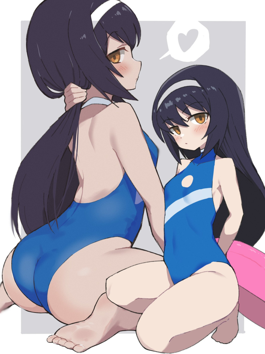 1girl armpits ass back bangs black_hair blue_swimsuit border breasts brown_eyes casual_one-piece_swimsuit covered_navel cutout_above_navel eyebrows_visible_through_hair feet girls_und_panzer grey_background hair_pull hairband highres long_hair m_legs one-piece_swimsuit reizei_mako sitting small_breasts solo swimsuit thighs turtleneck white_border white_hairband yabai_gorilla