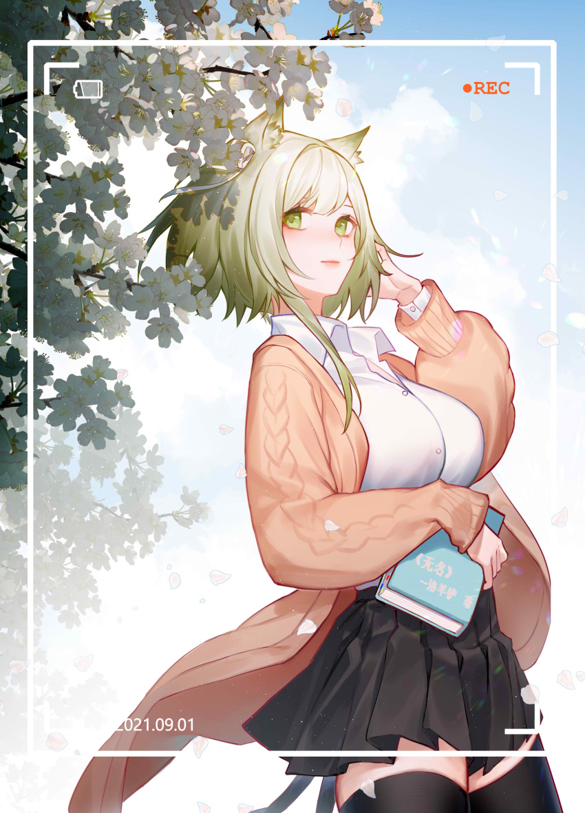1girl absurdres alternate_costume animal_ear_fluff animal_ears arknights black_legwear black_skirt blue_sky book cardigan cat_ears chinese_commentary clouds cloudy_sky commentary_request cowboy_shot dated green_eyes green_hair highres holding holding_book kal'tsit_(arknights) leaf lips looking_at_viewer open_cardigan open_clothes orange_cardigan outdoors pleated_skirt shirt short_hair sidelocks skirt sky solo thigh-highs thighs tree viewfinder white_shirt wyc_zz