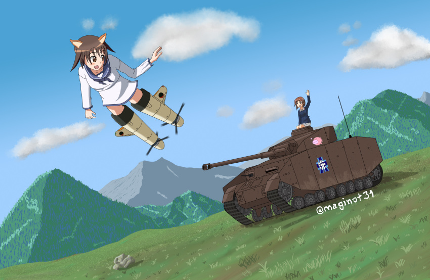 2girls animal_ears artist_request blush breasts brown_eyes brown_hair caterpillar_tracks clouds crossover day emblem english_commentary girls_und_panzer grass ground_vehicle highres military military_vehicle miyafuji_yoshika motor_vehicle mountain multiple_girls nishizumi_miho ooarai_(emblem) ooarai_military_uniform panzerkampfwagen_iv short_hair sky smile strike_witches tank twitter_username world_witches_series
