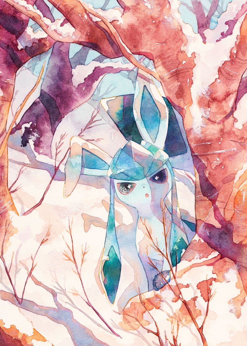 :o bare_tree commentary_request day gen_4_pokemon glaceon highres looking_at_viewer no_humans oharu-chan open_mouth outdoors painting_(medium) pokemon pokemon_(creature) snow snowflakes solo traditional_media tree watercolor_(medium)