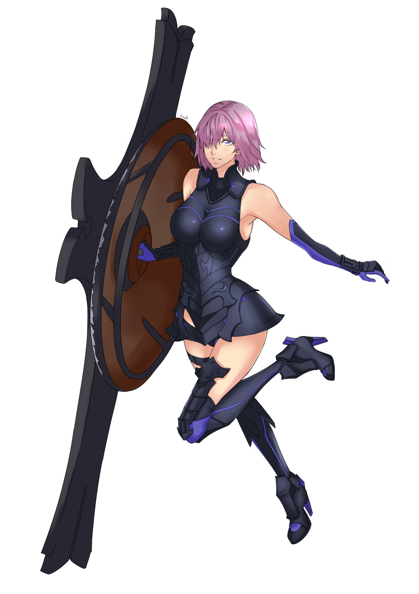 1girl absurdres fate/grand_order fate_(series) full_body highres kei_dragonsheaven mash_kyrielight one_eye_covered pink_hair shield short_hair simple_background thighs violet_eyes white_background