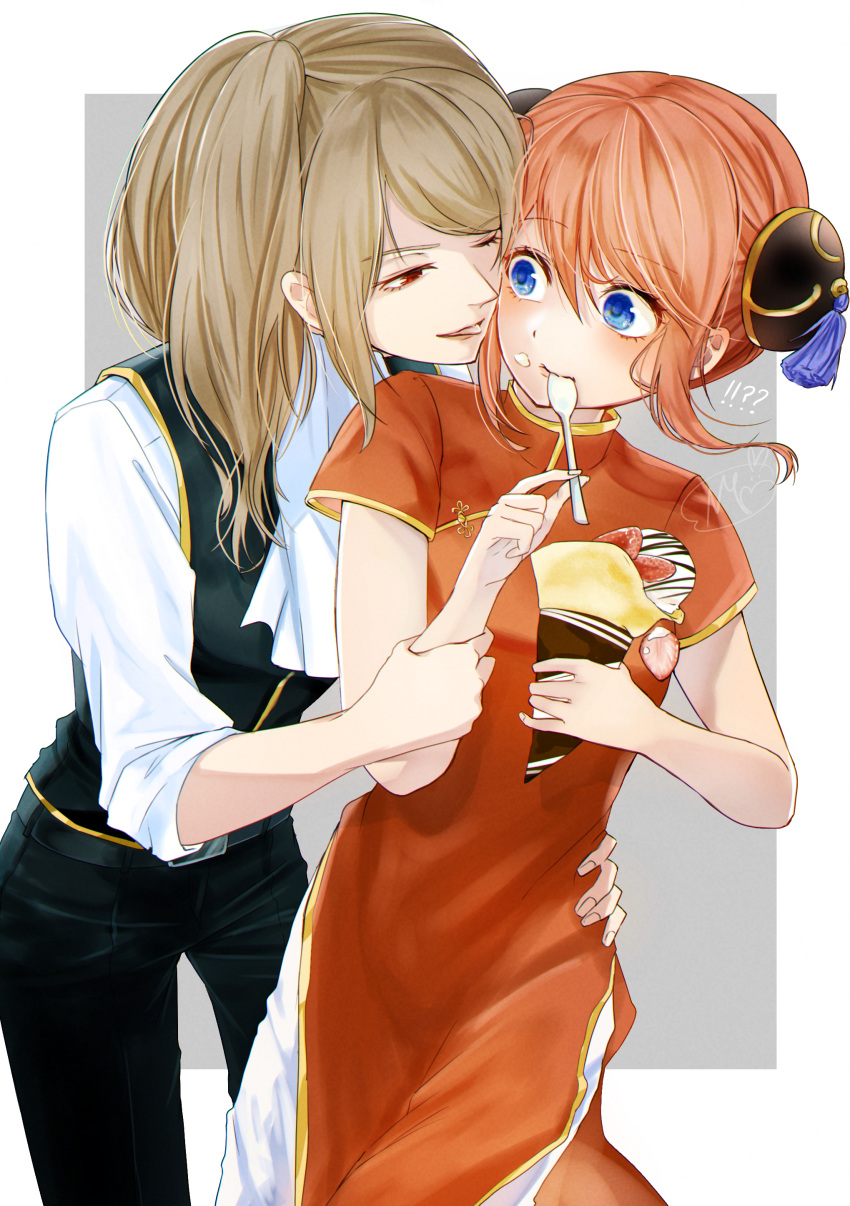 2girls absurdres belt black_belt black_jacket black_pants border brown_hair bun_cover china_dress chinese_clothes cream cream_on_face crepe double_bun dress floating_hair food food_on_face gintama grey_background highres holding holding_food holding_spoon jacket kagura_(gintama) long_hair multiple_girls okita_sougo one_eye_closed orange_hair outside_border pants red_dress red_eyes shinomy shirt short_hair short_sleeves side_ponytail side_slit sidelocks sleeveless sleeveless_jacket spoon tongue tongue_out white_border white_neckwear white_pants white_shirt yuri