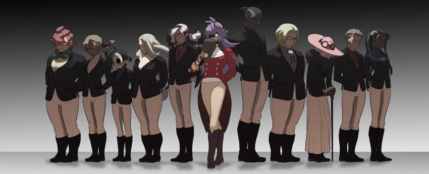 4girls 6+boys absurdres allister_(pokemon) alternate_costume arms_behind_back bangs bea_(pokemon) black_footwear black_hair black_jacket boots brown_footwear brown_shirt buttons cane closed_eyes closed_mouth commentary dark-skinned_female dark-skinned_male dark_skin facial_hair glasses gordie_(pokemon) grey_hair hair_ribbon hat highres holding holding_cane holding_clothes holding_hat jabot jacket kabu_(pokemon) leon_(pokemon) long_hair mask melony_(pokemon) milo_(pokemon) multicolored_hair multiple_boys multiple_girls necktie nessa_(pokemon) old old_woman opal_(pokemon) pants piers_(pokemon) pink_hair pink_headwear pokemon pokemon_(game) pokemon_swsh purple_hair raihan_(pokemon) redlhzz ribbon shirt short_hair smile standing two-tone_hair undercut white_hair white_neckwear white_pants white_shirt yellow_eyes