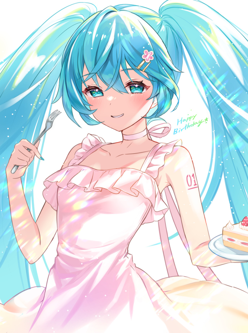 1girl bangs bare_arms bare_shoulders blue_eyes blue_hair cake cake_slice choker collarbone commentary_request dress eyebrows_visible_through_hair flower food fork fruit hair_between_eyes hair_flower hair_ornament hairclip happy_birthday hatsune_miku highres holding holding_fork holding_plate kiki-yu long_hair pink_choker pink_dress pink_flower plate simple_background sleeveless sleeveless_dress solo strawberry twintails very_long_hair vocaloid white_background