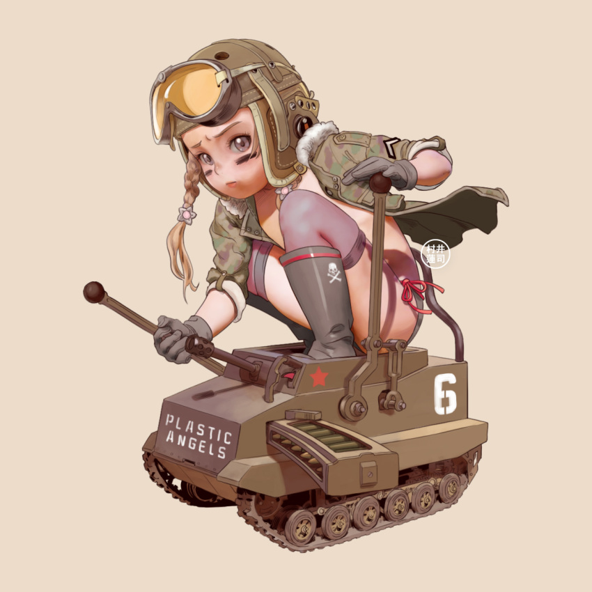 1girl blonde_hair blush camouflage camouflage_jacket camouflage_print caterpillar_tracks gloves goggles goggles_on_head ground_vehicle highres jacket light_blue_hair military military_vehicle motor_vehicle murai-renji original solo tan_background tank tank_helmet twintails