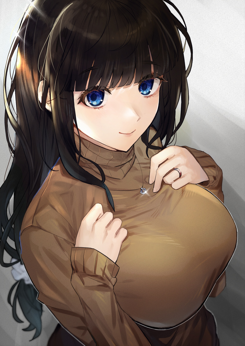 1girl absurdres bangs black_hair blue_eyes blunt_bangs breasts brown_skirt brown_sweater closed_mouth grey_background hands_on_own_chest highres jewelry large_breasts long_hair long_sleeves looking_at_viewer necklace original ponytail ring scrunchie skirt smile solo sweater turtleneck turtleneck_sweater upper_body zetto_(zet)