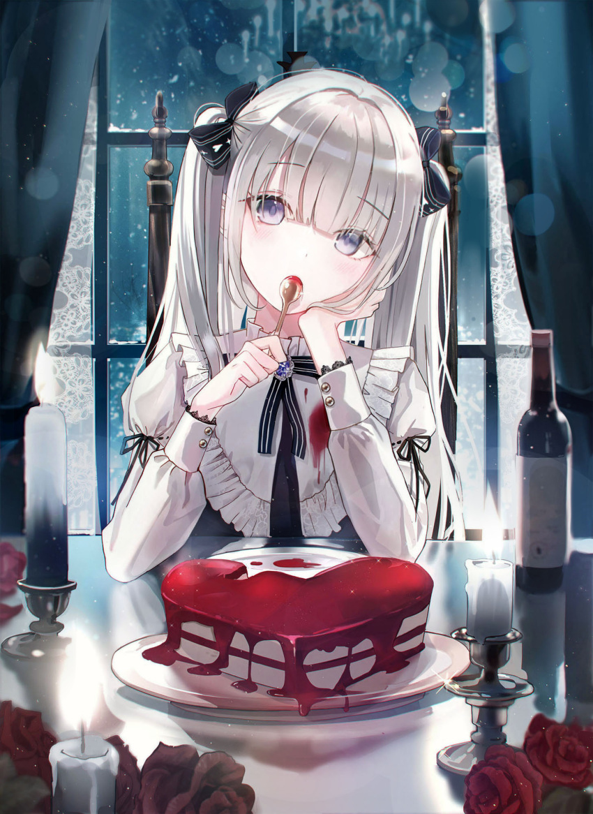1girl bangs black_bow black_neckwear black_ribbon blueberry blunt_bangs blush bottle bow cake candle commentary english_commentary eyebrows_visible_through_hair flower food frilled_shirt_collar frills fruit glint hair_bow head_tilt heart highres holding holding_spoon indoors iren_lovel long_sleeves neck_ribbon original red_flower red_rose reflection revision ribbon rose silver_hair solo spoon table twintails upper_body violet_eyes window wine_bottle