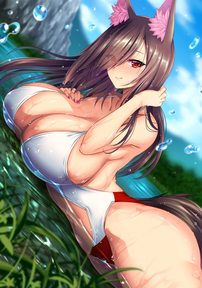 1girl adapted_costume animal_ears blush breasts brown_hair closed_mouth day eyes_visible_through_hair hair_over_one_eye highres hijikawa_arashi huge_breasts imaizumi_kagerou lake long_hair looking_at_viewer lying on_stomach outdoors partially_submerged red_eyes smile solo swimsuit tail touhou wolf_ears wolf_tail