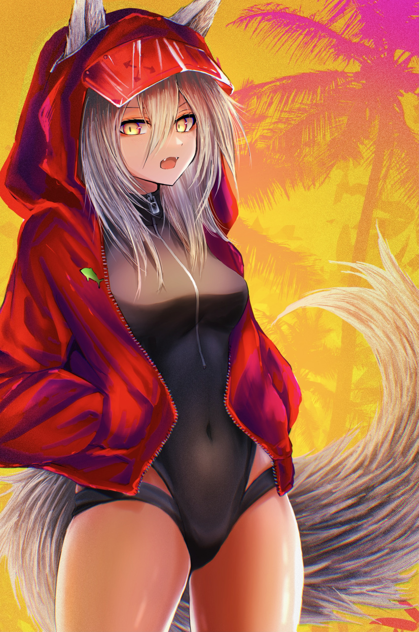 1girl 3_(sanyako1) absurdres animal_ears arknights black_swimsuit breasts commentary covered_navel cowboy_shot fangs grey_hair hands_in_pockets highres hood hood_up hooded_jacket jacket long_sleeves medium_breasts official_alternate_costume one-piece_swimsuit open_clothes open_jacket open_mouth orange_eyes palm_tree projekt_red_(arknights) projekt_red_(light_breeze)_(arknights) short_hair sky solo standing swimsuit tail thighs tree wolf_ears wolf_tail yellow_background