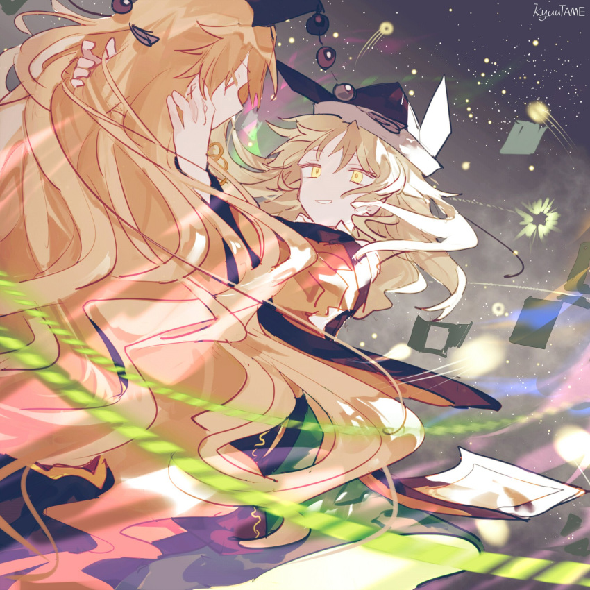 2girls arms_behind_head artist_name bangs blonde_hair chinese_clothes door eyebrows_visible_through_hair hair_between_eyes hat highres junko_(touhou) kyuutame long_hair long_sleeves looking_at_another matara_okina multiple_girls orange_hair orange_sleeves phoenix_crown smile tabard tassel tate_eboshi touhou wide_sleeves yellow_eyes