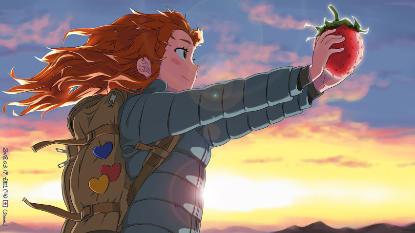 1girl backpack badge bag berry blue_jacket celeste_(video_game) closed_mouth del food hair_flowing_over happy heart highres holding holding_food jacket long_hair looking_at_food looking_at_object madeline_(celeste) mountain orange_hair sky smile sunrise