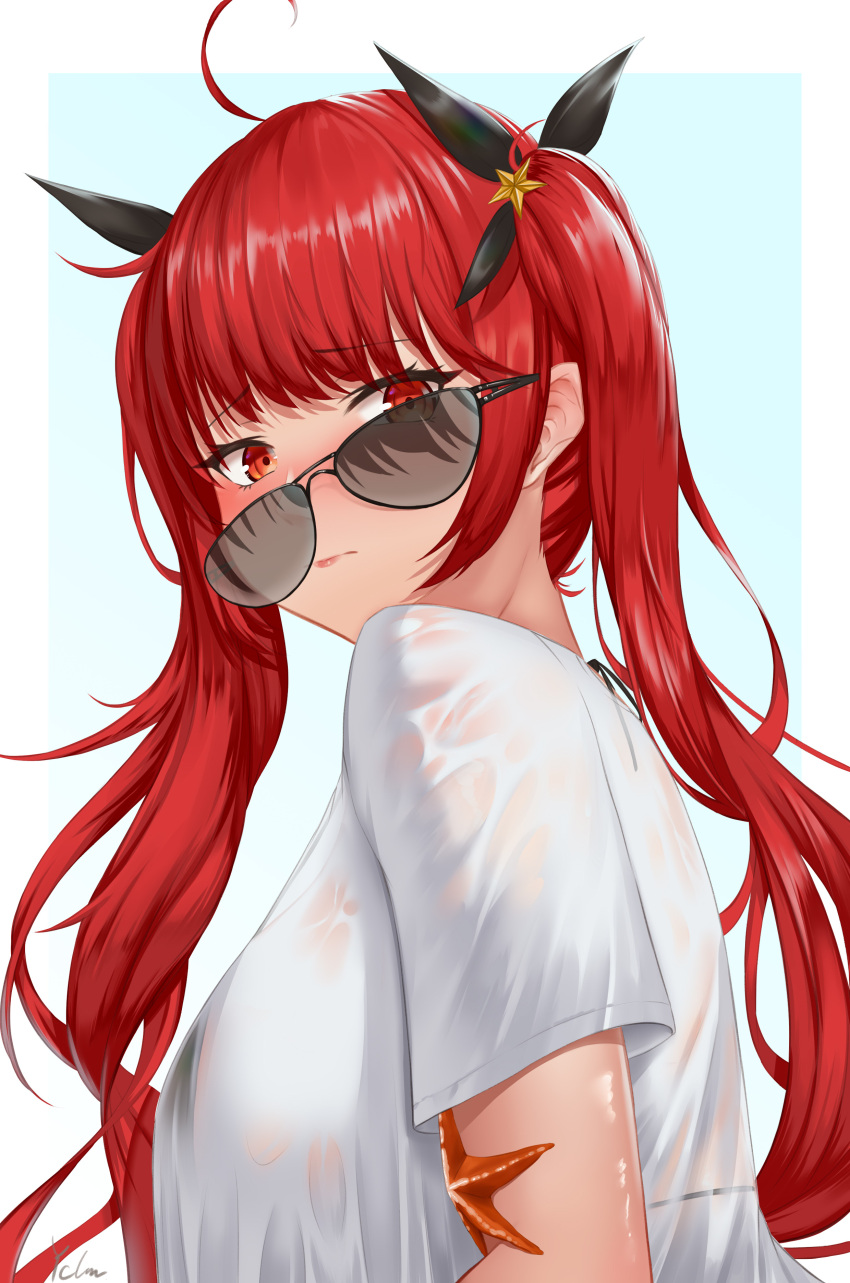 1girl absurdres artist_name azur_lane bangs blush breasts closed_mouth eyebrows_visible_through_hair from_side glasses highres honolulu_(azur_lane) ichikushi_mojibake large_breasts long_hair looking_at_viewer looking_to_the_side red_eyes redhead shirt simple_background solo starfish sunglasses twintails wet wet_clothes wet_shirt white_shirt