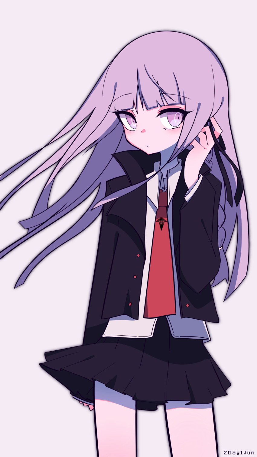 1girl 2day1jun absurdres black_jacket black_skirt dangan_ronpa_(series) hair_flowing_over hand_in_hair hand_on_ear highres jacket kirigiri_kyouko long_hair necktie pink_eyes pink_hair red_neckwear shirt simple_background skirt solo white_background white_legwear white_shirt