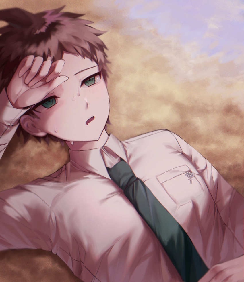 1boy ahoge badge bangs breast_pocket brown_hair collared_shirt commentary_request dangan_ronpa_(series) dangan_ronpa_2:_goodbye_despair highres hinata_hajime ipeulo looking_up lying male_focus necktie on_back on_ground pocket sand shirt short_hair solo sweat upper_body water